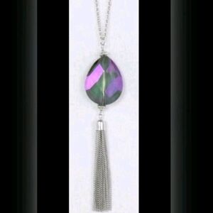 Interstellar Solstice Purple Green Iridescent Glass Silver Tone Tassle Necklace